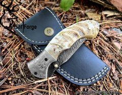 Damascus Pocket Knife with Clip Leather Sheath Sharp Folding Knife, EDC with Liner Lock Unique Ram Horn Handle for Outdoor Survival Camping Collection