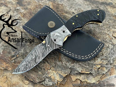 Damascus Pocket Knife with Clip Leather Sheath Sharp Folding Knife, EDC with Liner Lock Unique Ram Horn Handle for Outdoor Survival Camping Collection