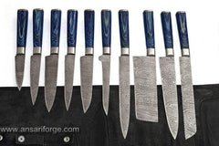 Damascus steel 10 pcs kitchen knives set chef knife set with leather bag