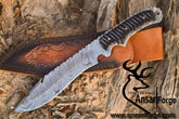 Handmade Damascus Steel Hunting Knife with Full Tang, 12-inch Drop Point Fixed Blade, Buffalo Horn Handle, and Genuine Cowhide Leather Sheath by Ansari Forge