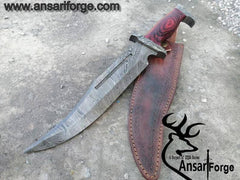 Damascus steel hunting Bowie with Damascus guard and pakka wood handle