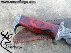 Damascus steel hunting Bowie with Damascus guard and pakka wood handle