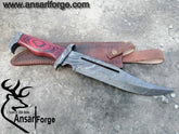 Damascus steel hunting Bowie with Damascus guard and pakka wood handle