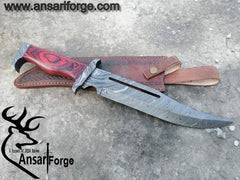 Damascus steel hunting Bowie with Damascus guard and pakka wood handle
