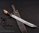 Handmade Damascus steel Machete knife ram horn handle