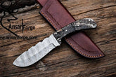 Damascus steel handmade hunting knife sheep horn handle