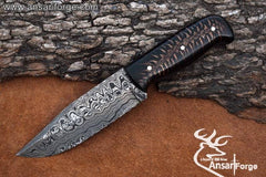 Damascus steel stabilized pine cone handle hunting knife