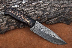 Damascus steel stabilized pine cone handle hunting knife