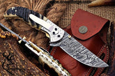 Custom made Damascus steel Pocket knife sheep horn handle