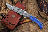Damascus steel pocket knife folding knife EDC leather sheath