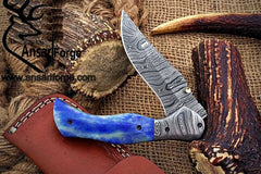 Damascus steel pocket knife folding knife EDC leather sheath