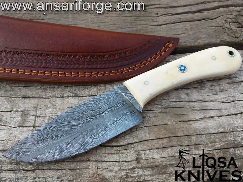Custom handmade Bone Handle Damascus steel feather pattern hunting knife with leather sheath