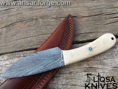 Custom handmade Bone Handle Damascus steel feather pattern hunting knife