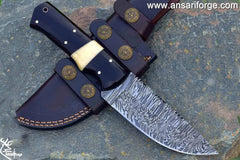 Handmade Hunting and Camping Bushcraft Knife Damascus Steel 8.5 Inches EDC Fixed Blade Knife with Leather Sheath .