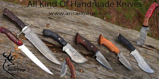 Various types of hunting knives displayed on a wood, showcasing fixed blade, folding, skinning, gut hook, and boning knives.