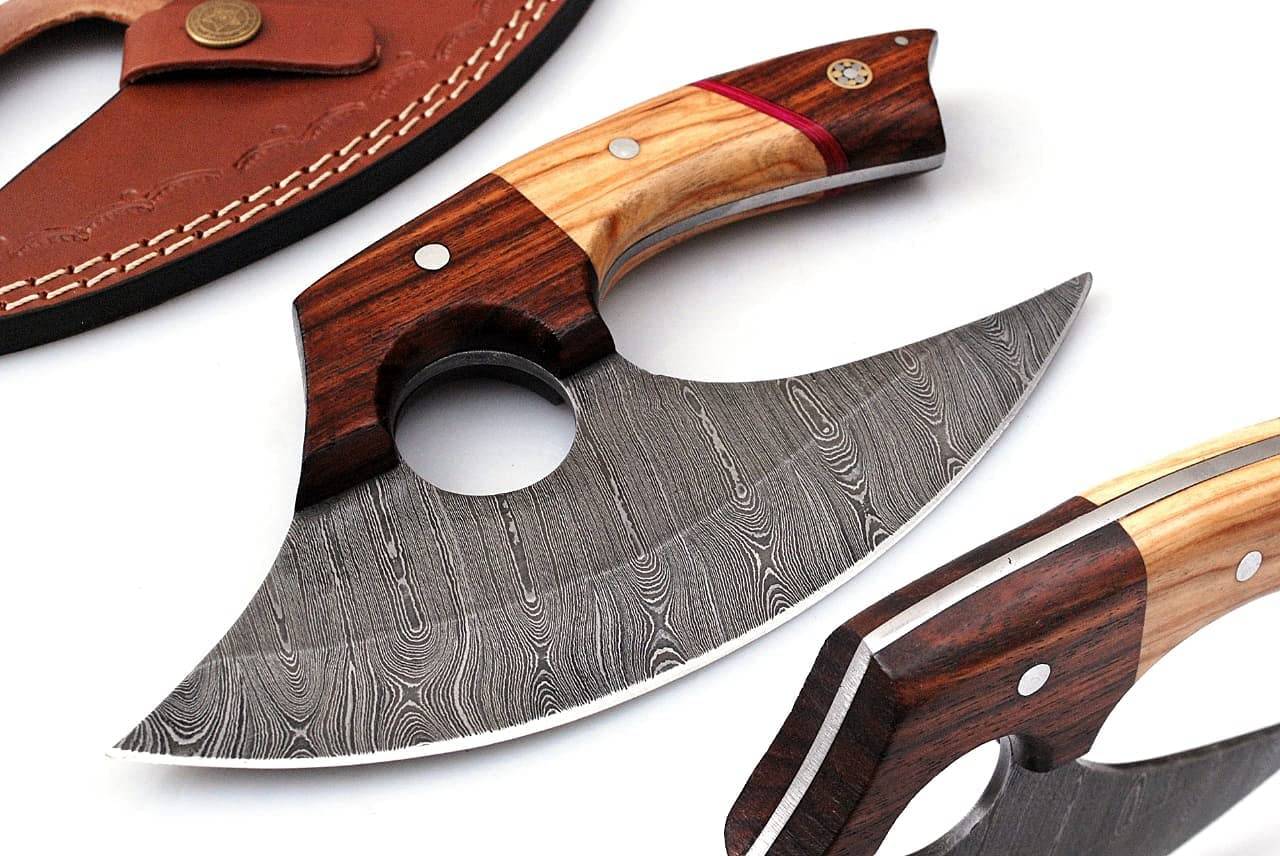 Alaskan Ulu Knife with Damascus steel blade and rosewood handle.