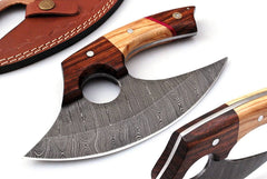 Alaskan Ulu Knife with Damascus steel blade and rosewood handle.