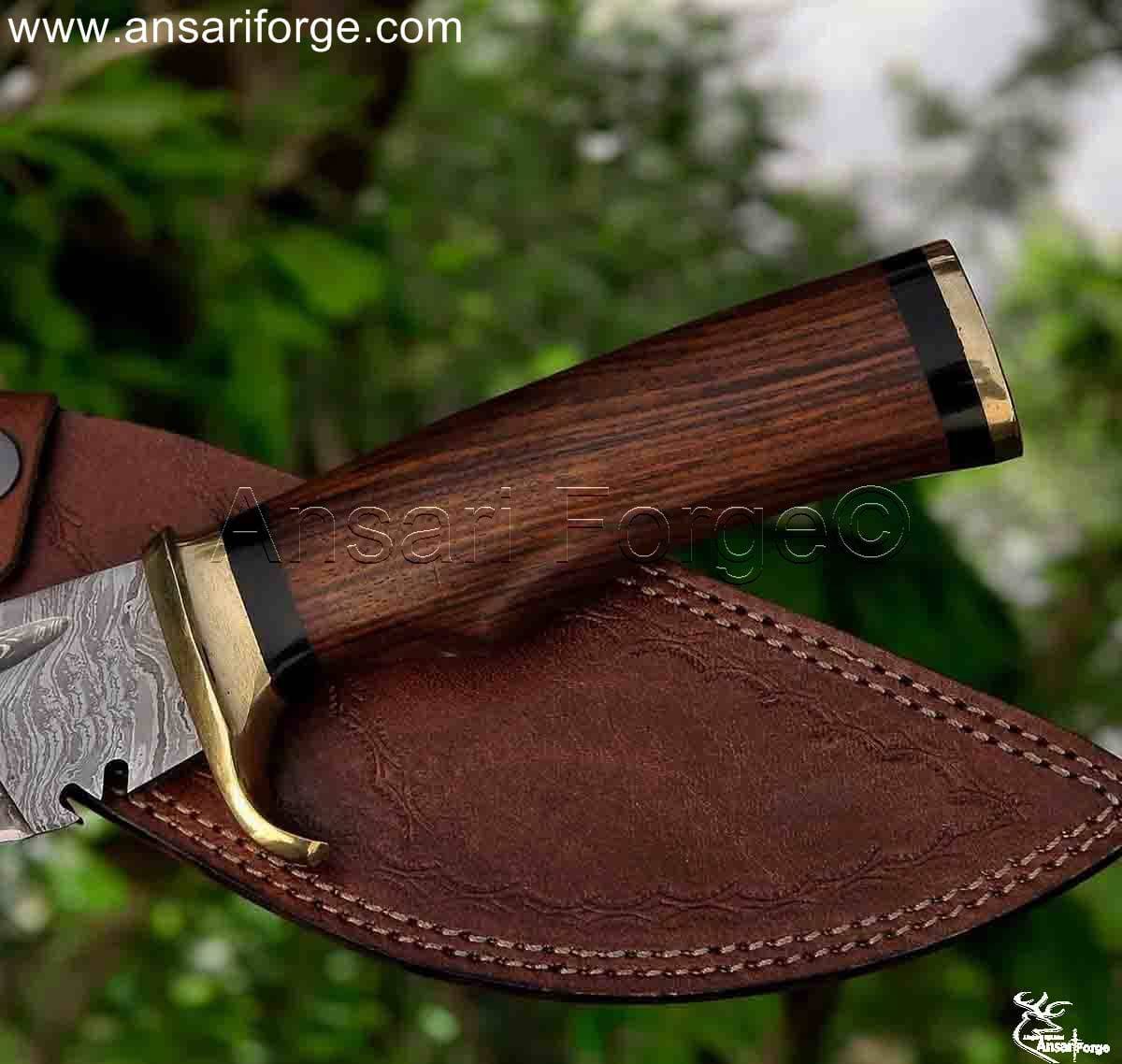 Handmade Damascus steel kukri knife for sale by Ansari Forge.