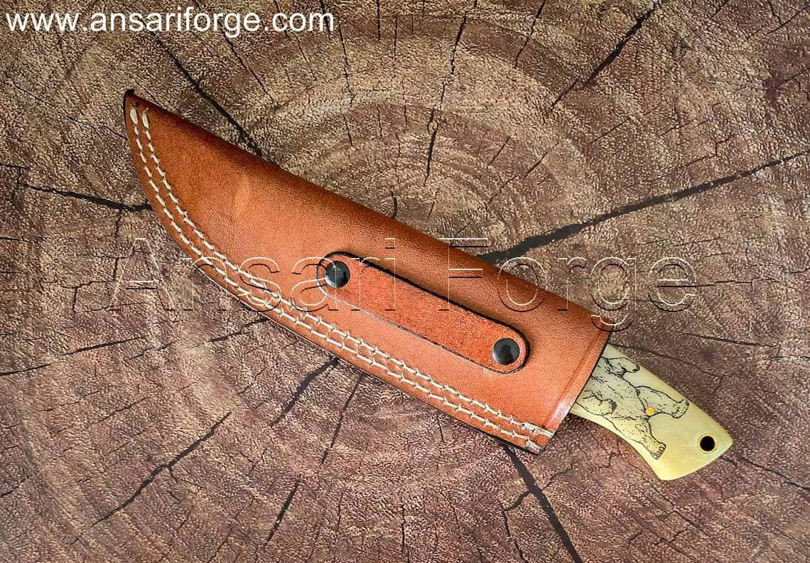 Bone Handle Hunting Knife in Genuine Leather Sheath