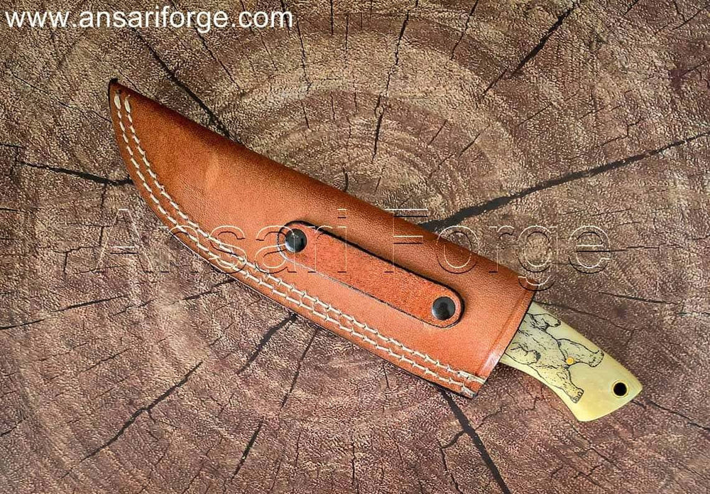 Bone Handle Hunting Knife in Genuine Leather Sheath