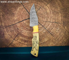 Bone Handle Hunting Knife with Damascus Steel Blade