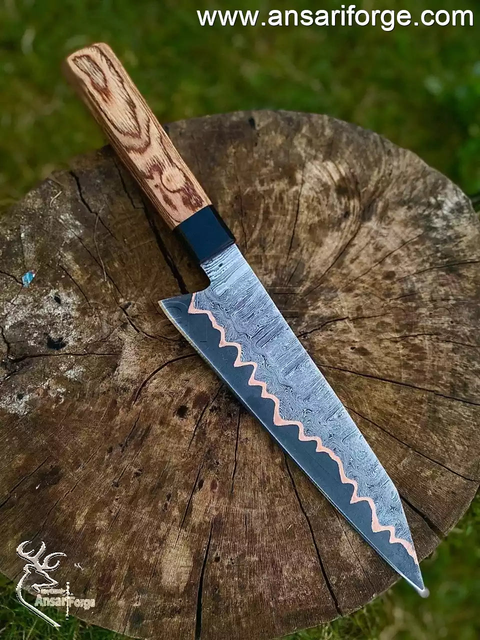 Close-up of the 57 HRC Copper Damascus steel pattern on a chef knife by Ansari Forge.