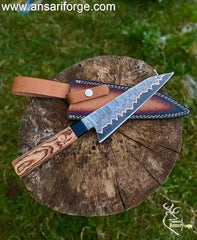 Hand forged Copper Damascus Chef Knife 8 inch blade showing unique copper layers.