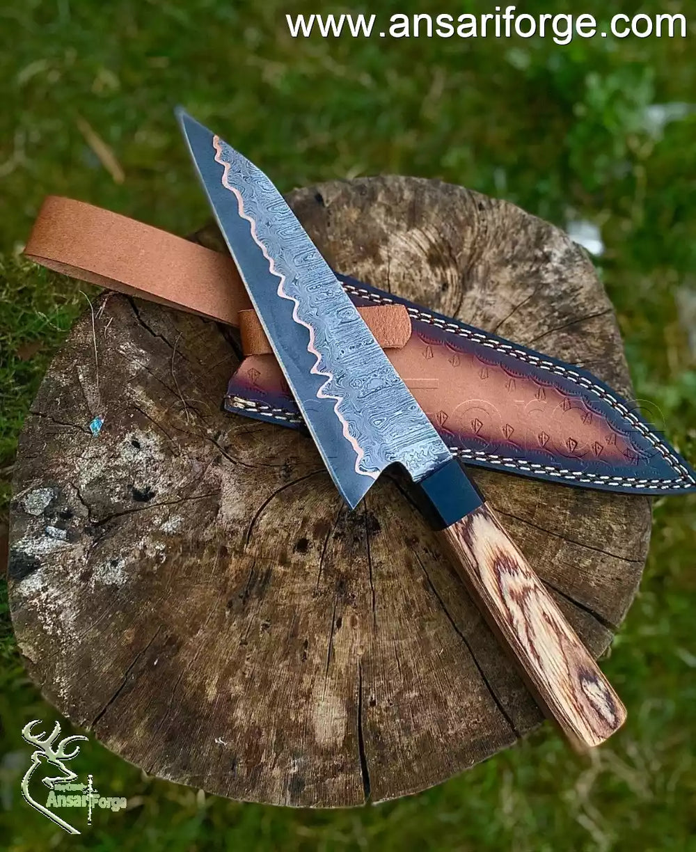 Custom Damascus Chefs Knife full tang blade with Pakka wood handle and buffalo horn bolsters.