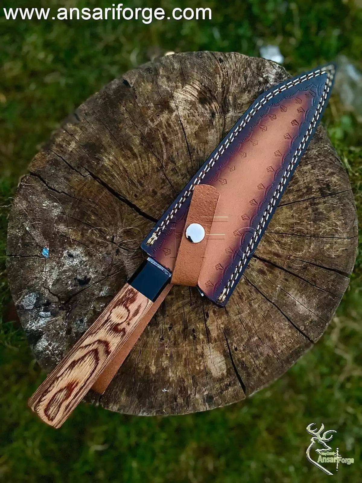 Handmade leather sheath for 13 inch overall length Damascus steel chef knife.