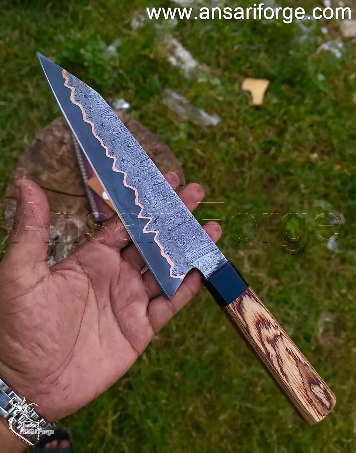 Hand forged Copper Damascus Chef Knife 8 inch blade showing unique copper layers.