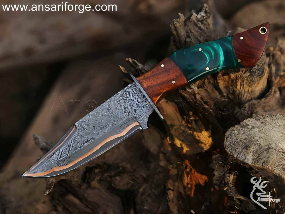 Hand Forged Copper Damascus Hunting Knife with Rosewood Handle by Ansari Forge.