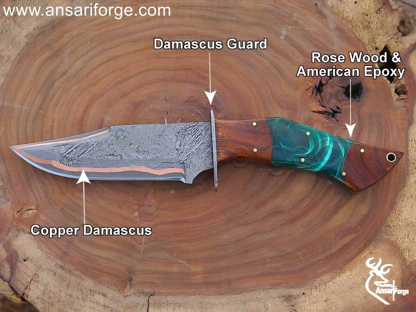 10 inch hunting knife with copper Damascus steel blade.