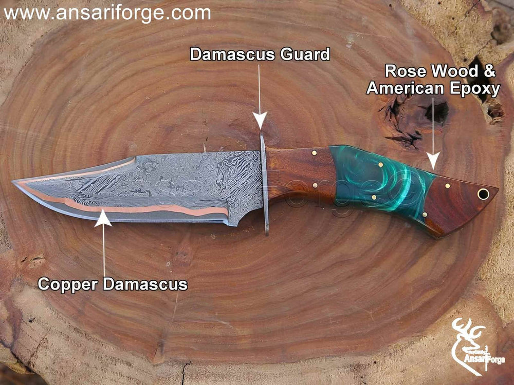 10 inch hunting knife with copper Damascus steel blade.