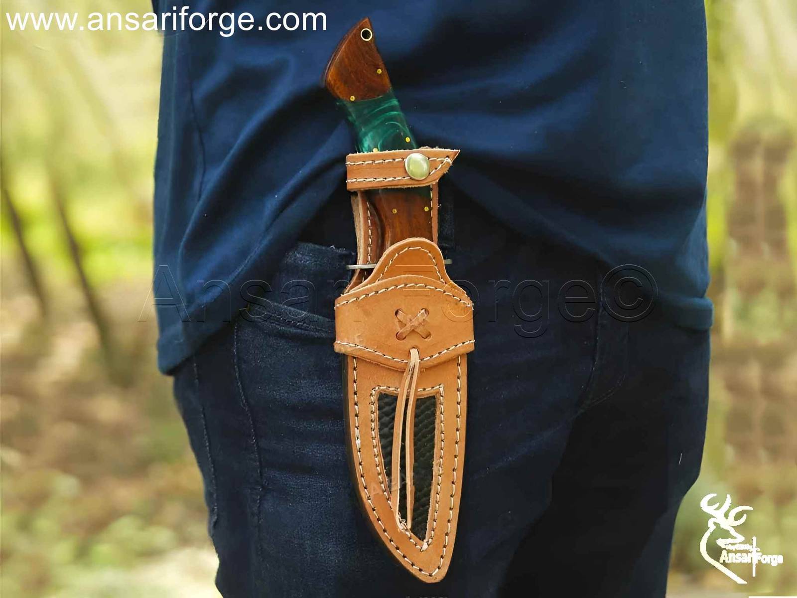 60 HRC Copper Damascus Steel Hunting Knife with Leather Sheath.