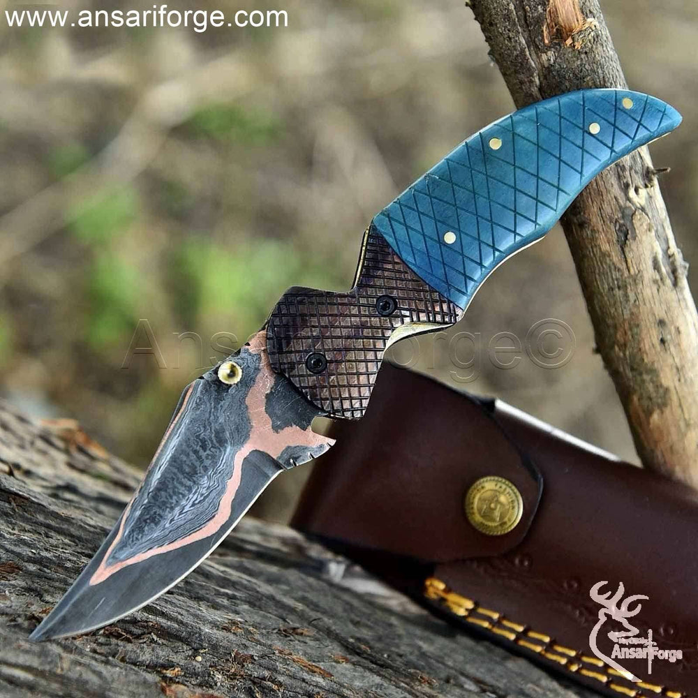 Handmade Copper Damascus Pocket Knife.