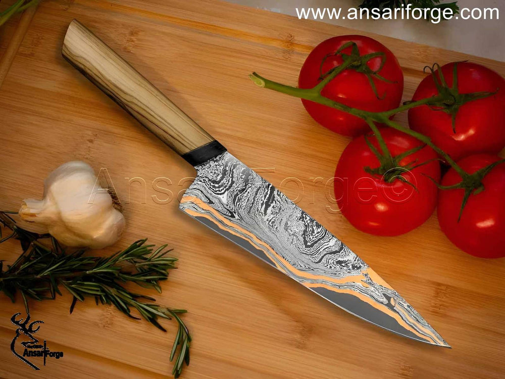 Real copper Damascus knife for sale.