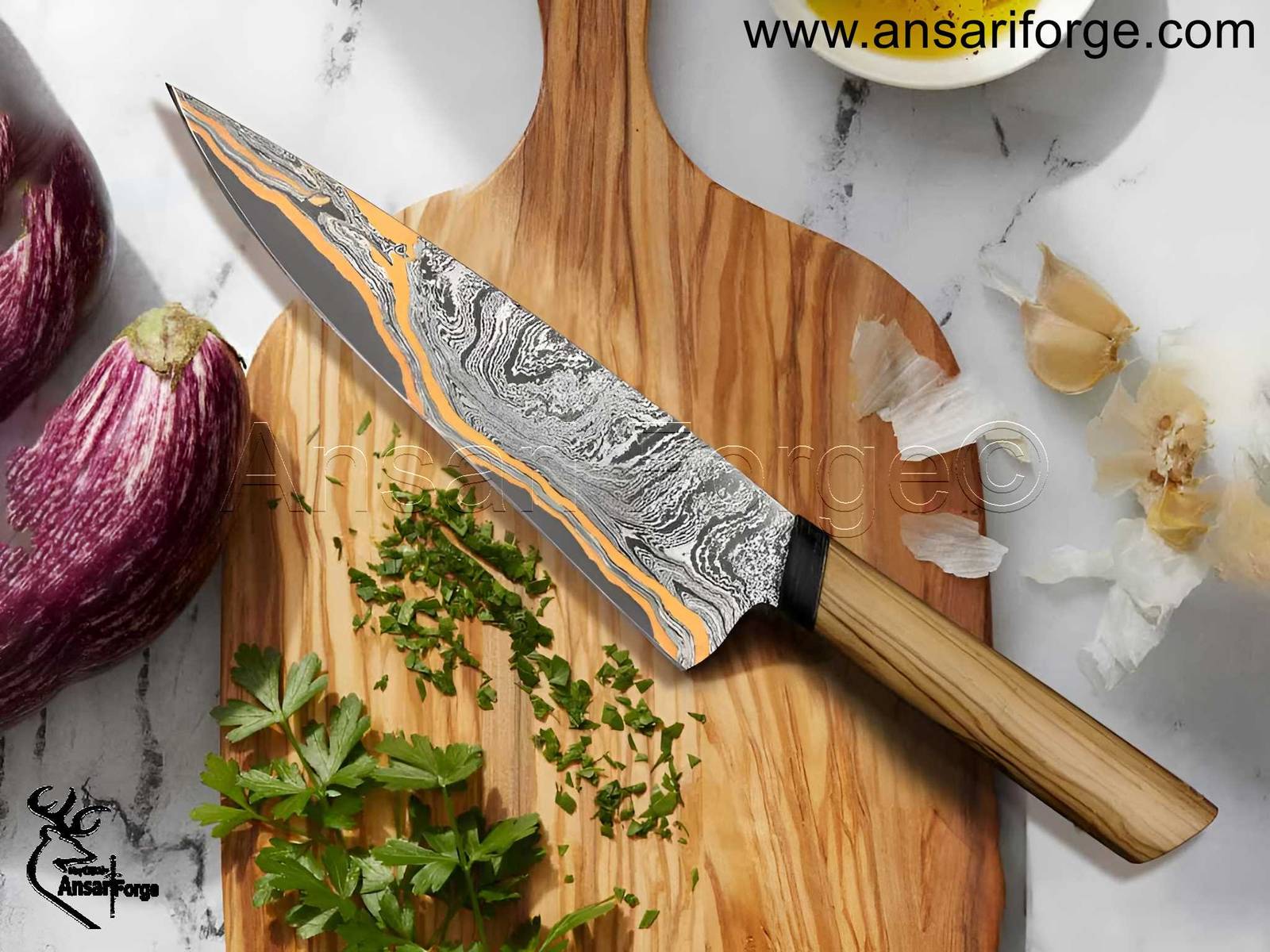 Handmade Copper Damascus Chef Knife.