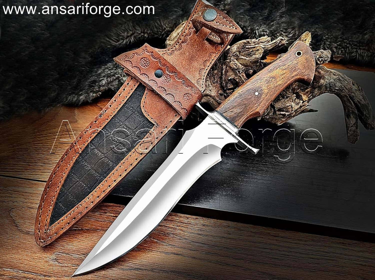 Handmade 13'' Custom D2 Steel Bowie Knife with Walnut Wood Handle and Leather Sheath. Perfect for Hunting, Bushcraft, Camping, Survival, and Skinning.