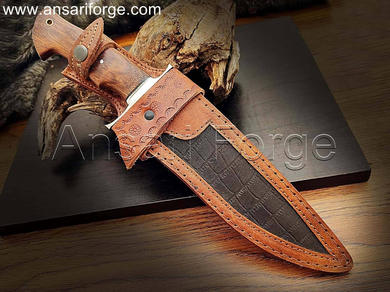 Handmade 13'' Custom D2 Steel Bowie Knife with Walnut Wood Handle and Leather Sheath, ideal for hunting, bushcraft, camping, survival, and skinning.