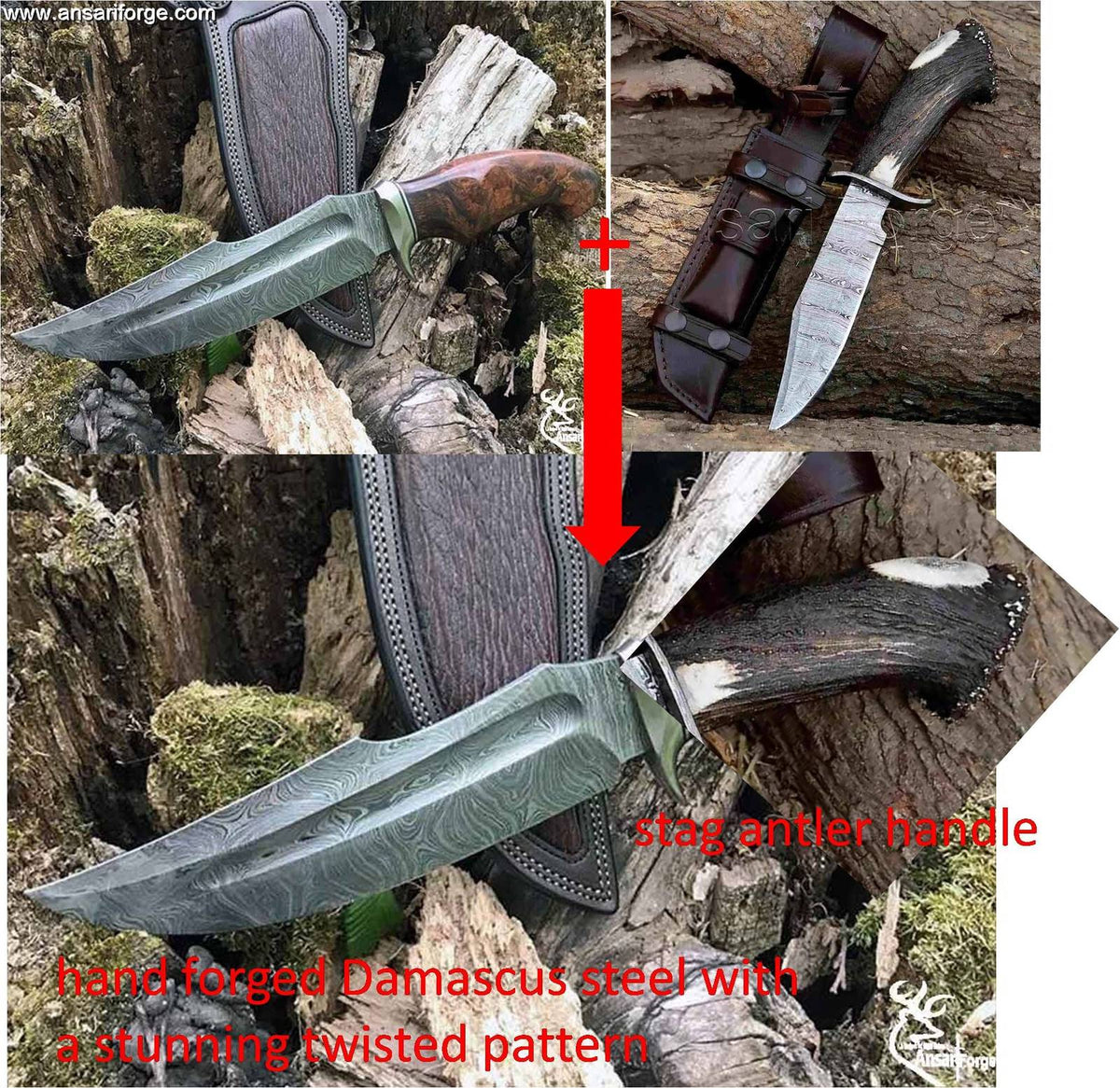 Custom knife order -Twist Damascus Bowie knife with antler handle