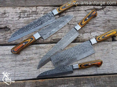 Professional 5-piece chef knife set organized in genuine cowhide leather roll case – Ansari Forge Damascus knives.