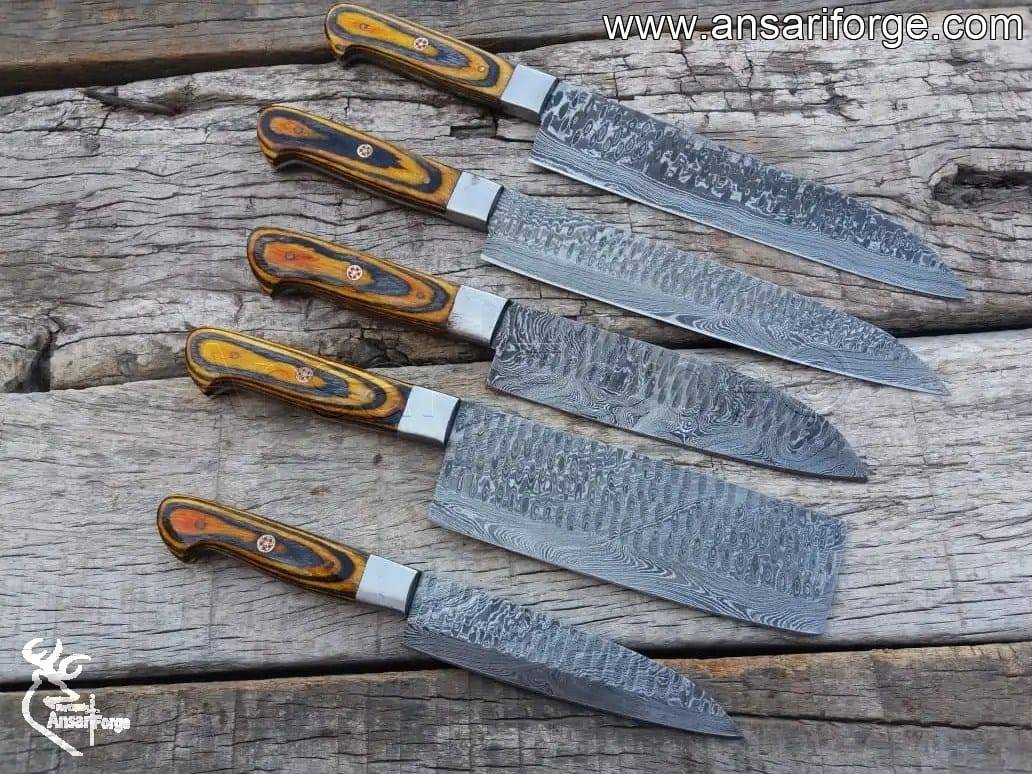 Hand-forged Damascus Chef Knife Set with 5 blades and leather roll case – high-carbon steel and nickel twist pattern.