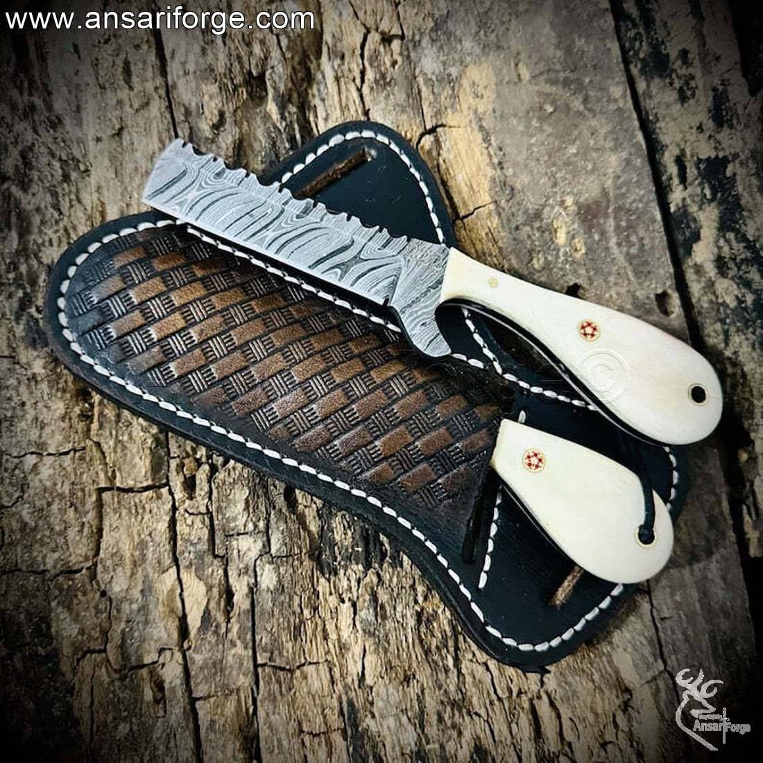 8-inch Bull Cutter Knife showing 4-inch Damascus steel blade and 4-inch handle.