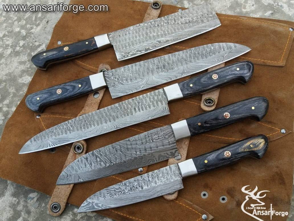 Damascus Kitchen Knife Set with 5 knives on leather roll bag