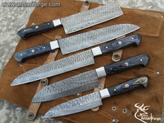 Damascus Kitchen Knife Set with 5 knives on leather roll bag