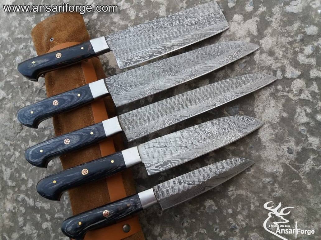 Damascus Kitchen Knife Set 5 Japanese Chef Knives With Roll Bag