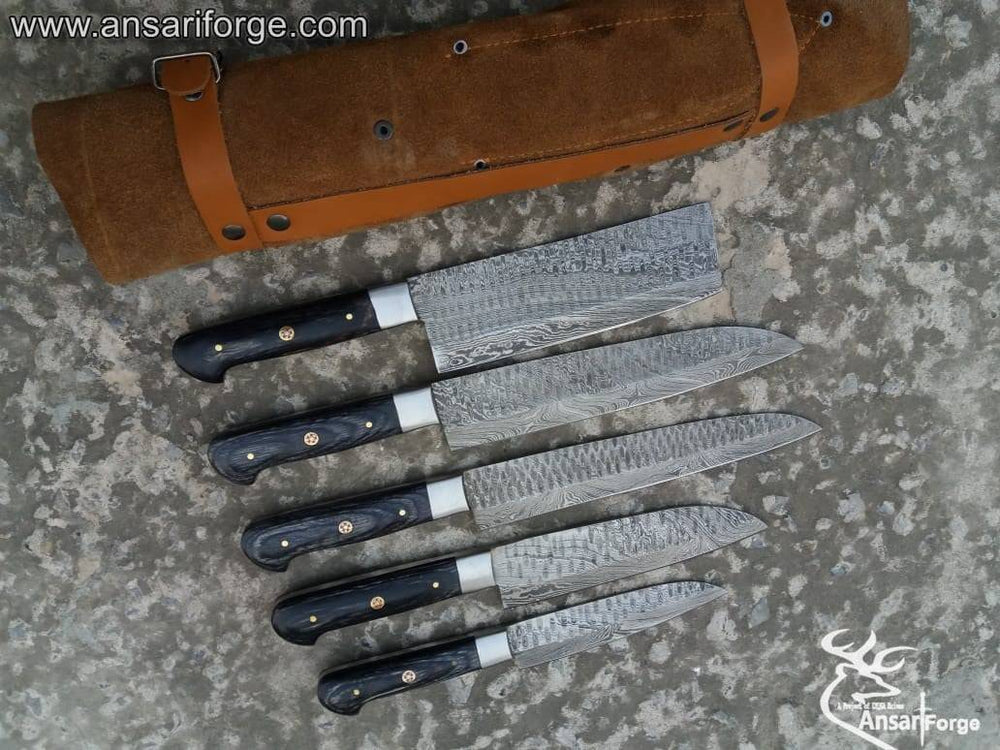 Five Damascus steel kitchen knives with pakkawood handles displayed in a luxurious leather roll bag.