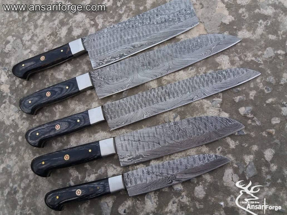Five Damascus steel kitchen knives with pakkawood handles displayed in a luxurious leather roll bag.
