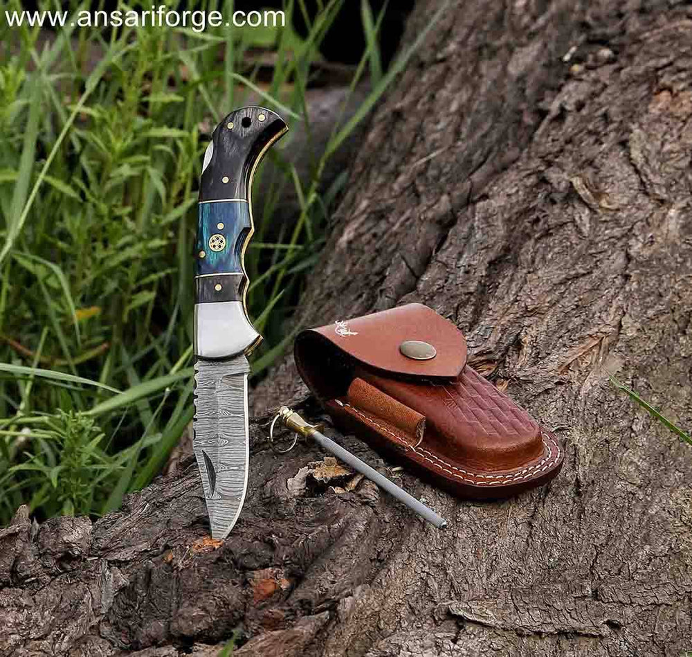 Damascus Pocket Knife , 6 Inch Lock Back Folding Knife With Sharpener & Leather Pouch