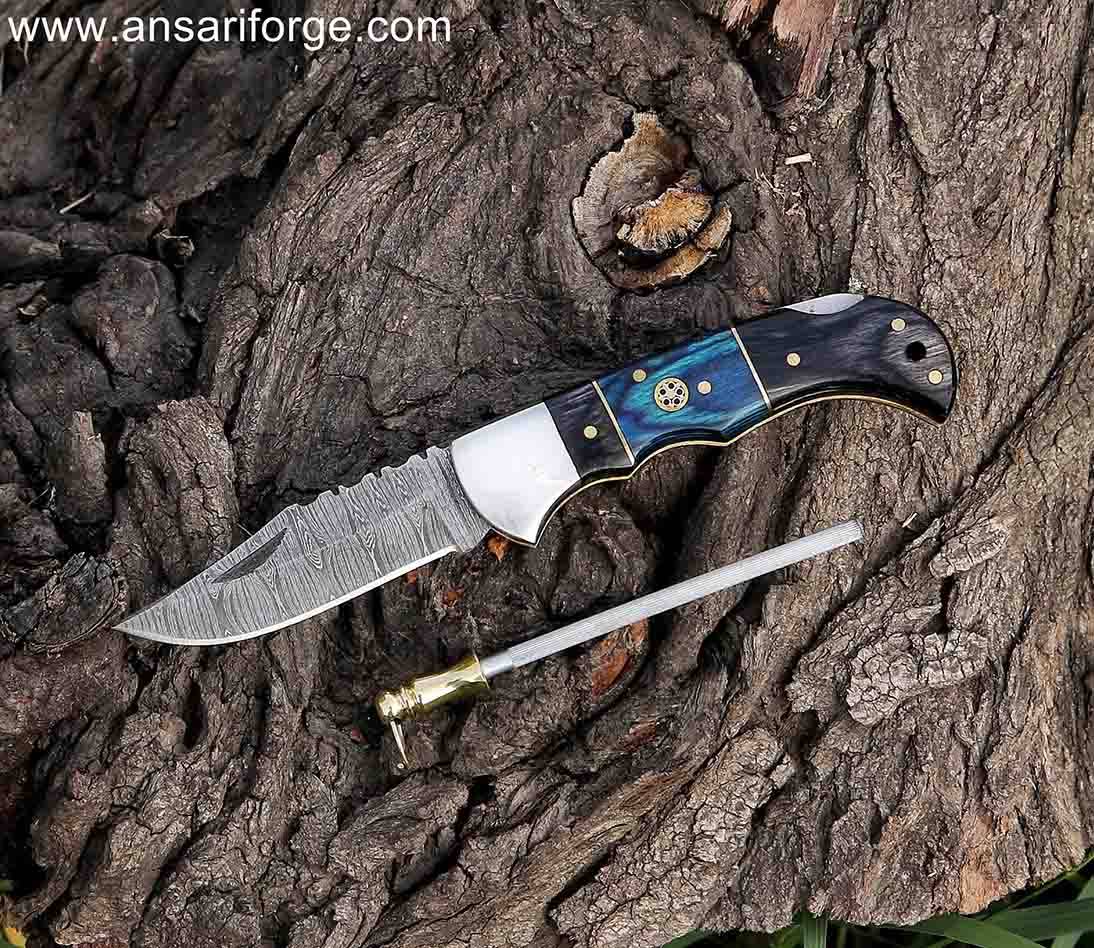 Damascus pocket knife, 6 inches, Pakkawood handle, leather pouch